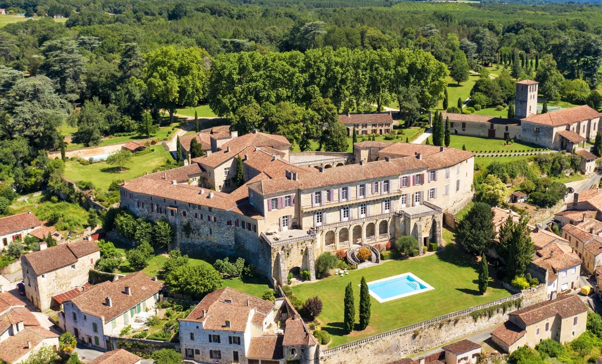 Aerial view of Château de Poudenas and its grounds