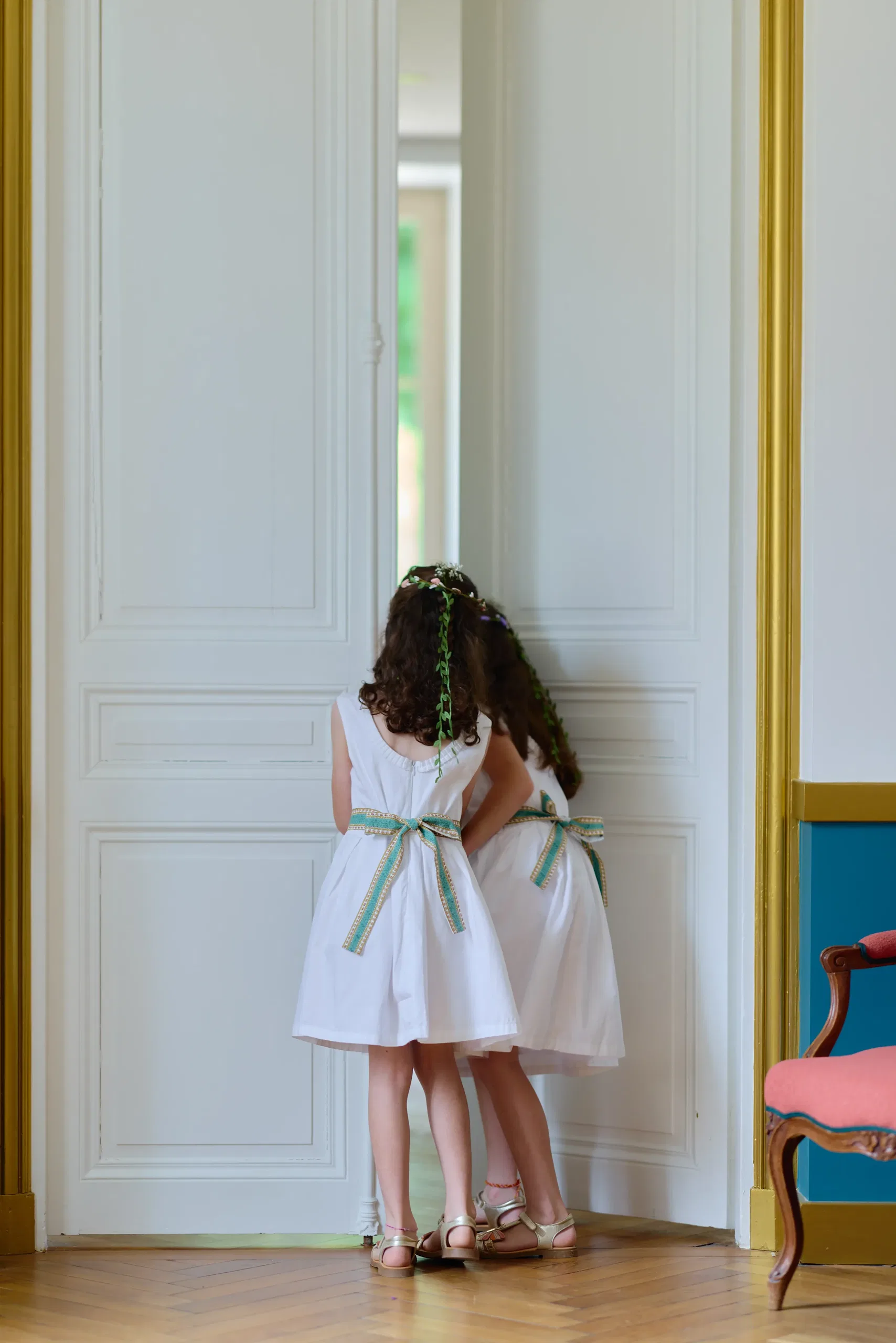The bride's gown hanging in the château's apartments