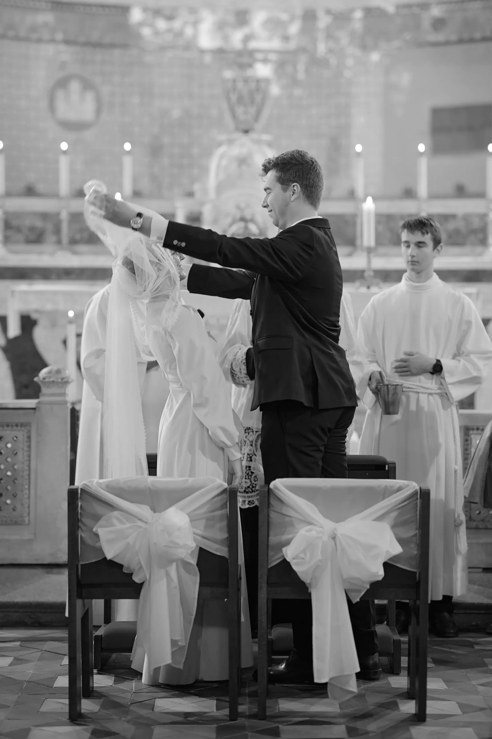The newlyweds leaving to applause