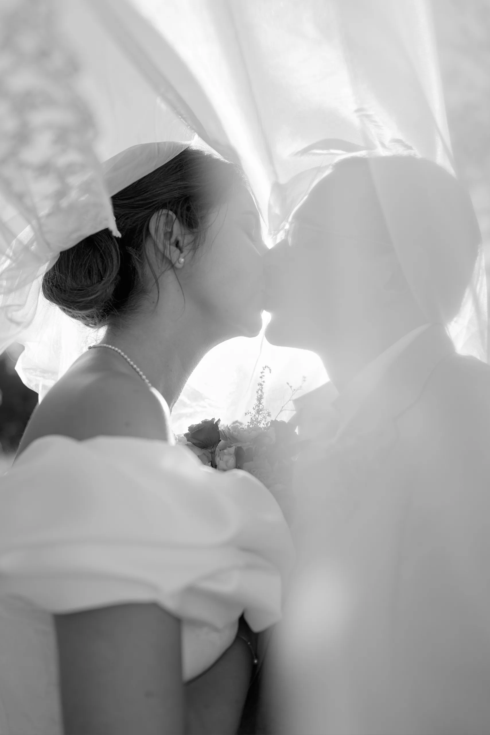 Les mariés sous le voile, en noir et blanc